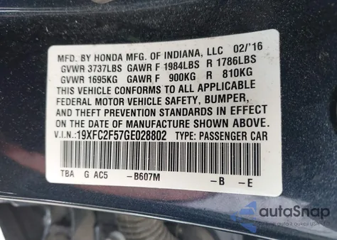 2016 Honda Civic Lx из США, поврежденный, VIN 19XFC2F57GE028802